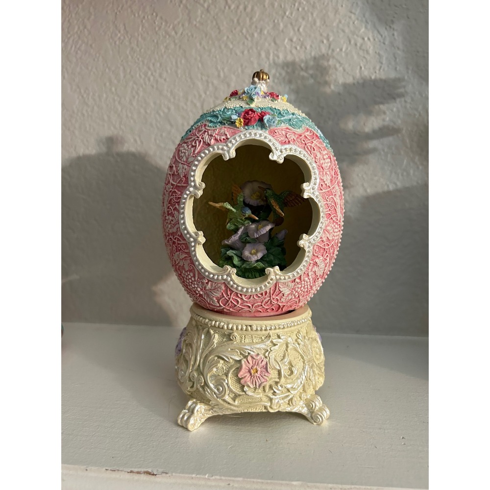 Vintage Style Pink Hummingbird Floral Diorama Decorative Egg on Footed Base 7"